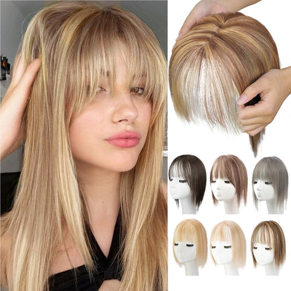 100% Human Hair Toppers for Women Adding Hair Volume Topper with Bangs 12 inches Invisible