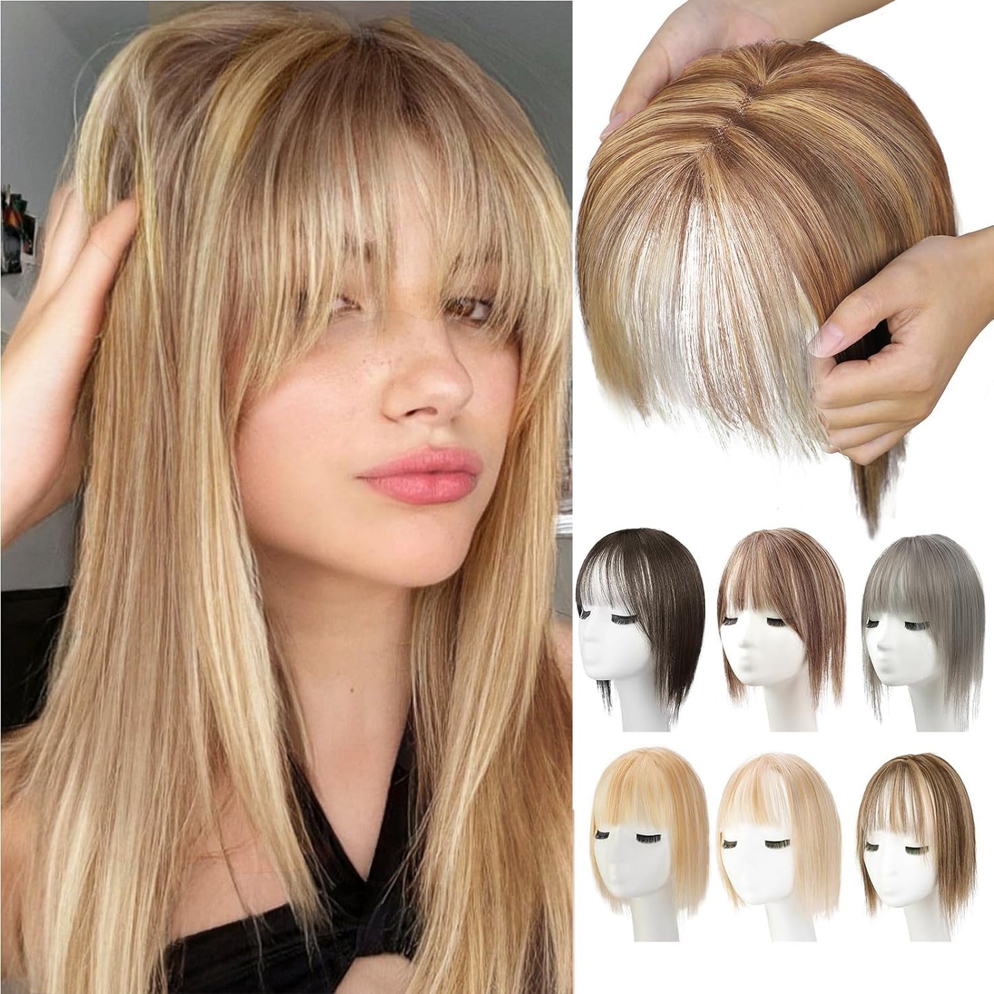 100% Human Hair Toppers for Women Adding Hair Volume Topper with Bangs 12 inches Invisible