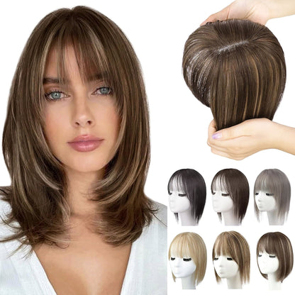 100% Human Hair Toppers for Women Adding Hair Volume Topper with Bangs 12 inches Invisible