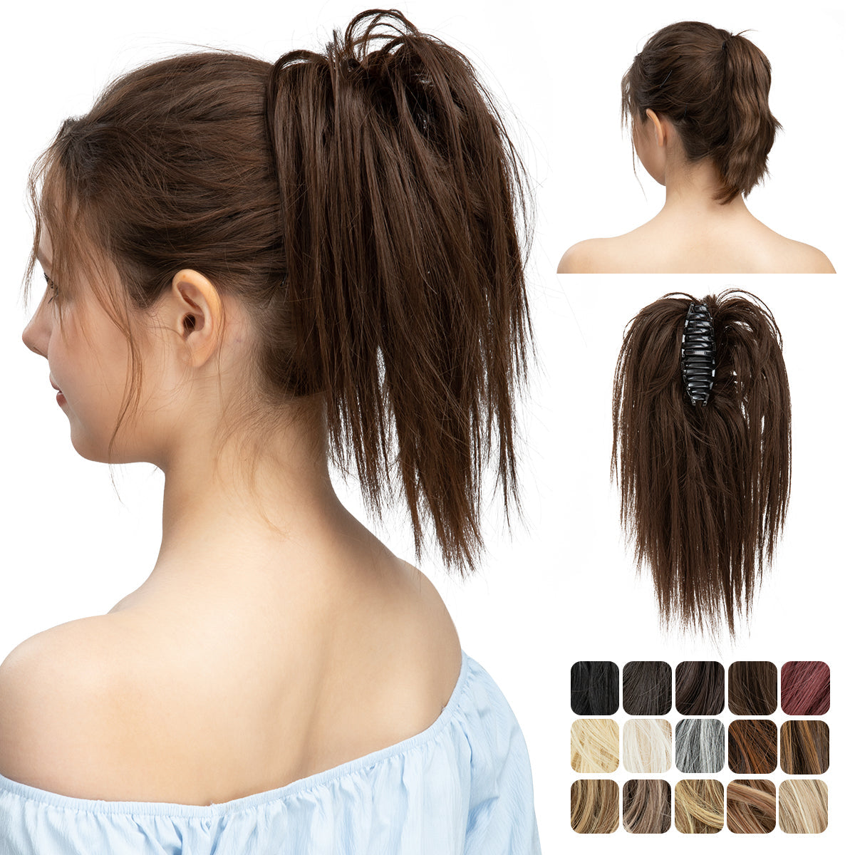 Messy ponytail clip extends hair