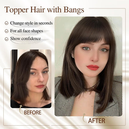 100% Human Hair Toppers for Women Adding Hair Volume Topper with Bangs 12 inches Invisible