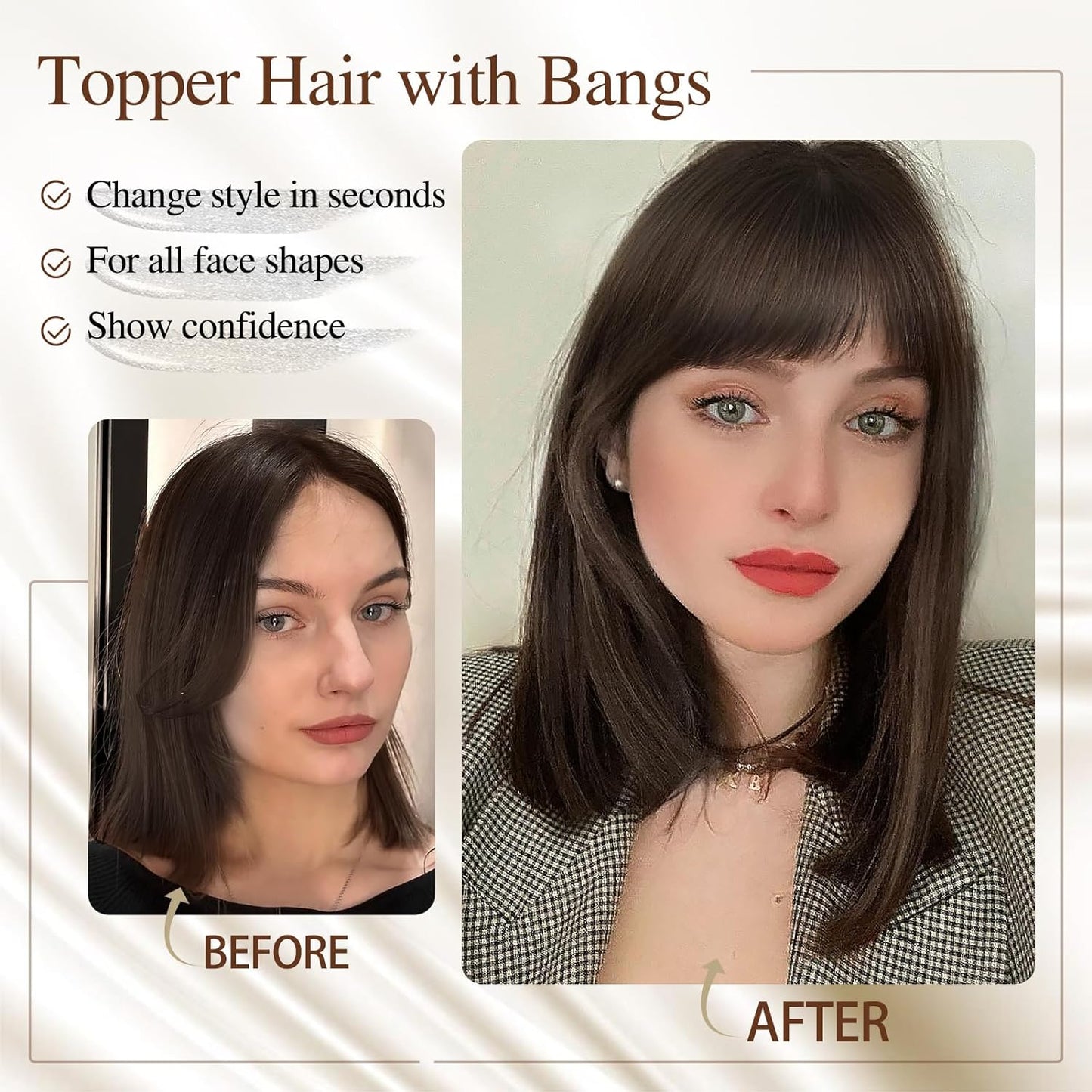 100% Human Hair Toppers for Women Adding Hair Volume Topper with Bangs 12 inches Invisible