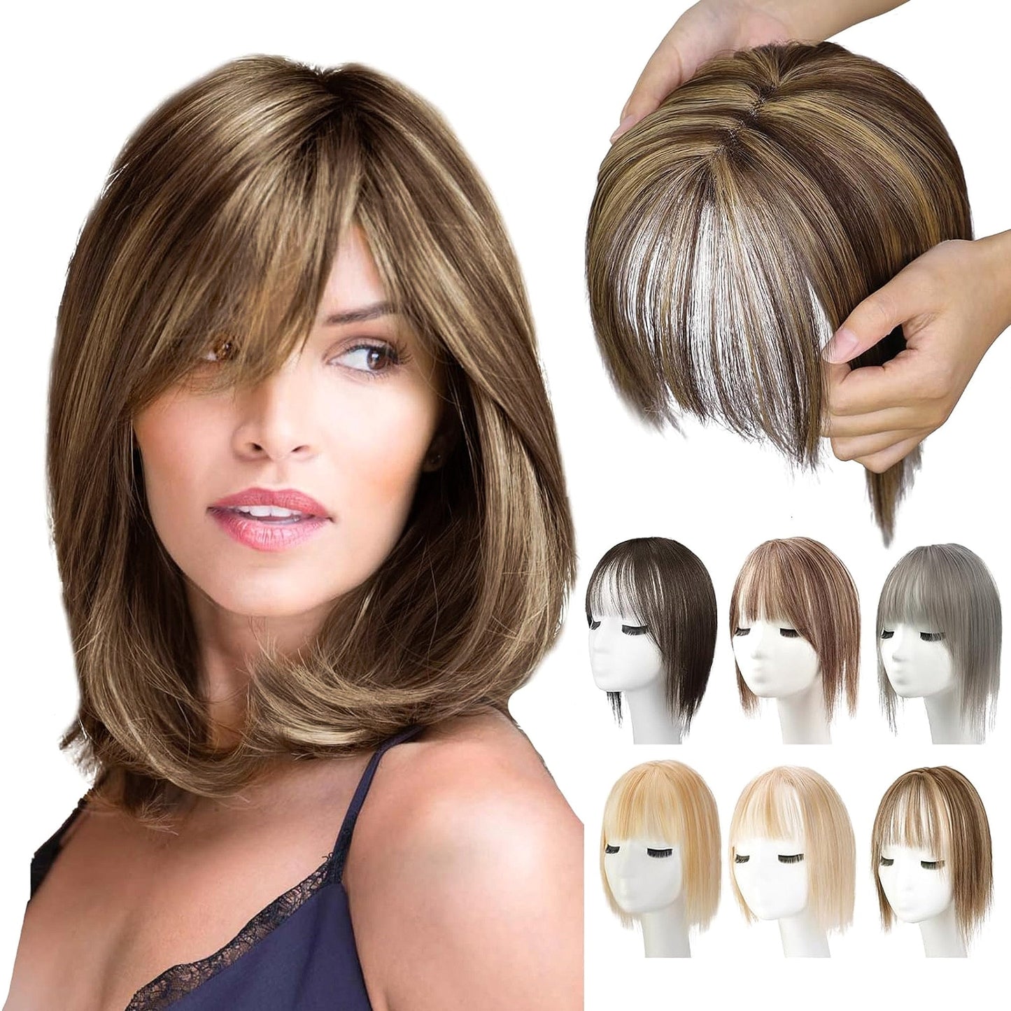 100% Human Hair Toppers for Women Adding Hair Volume Topper with Bangs 12 inches Invisible