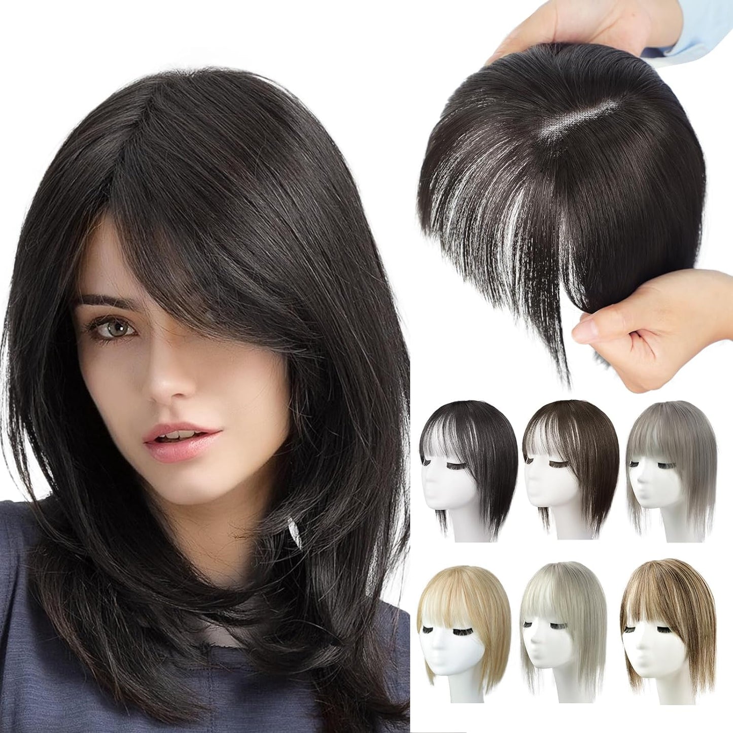 100% Human Hair Toppers for Women Adding Hair Volume Topper with Bangs 12 inches Invisible