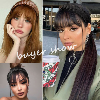 Natural Synthetic Headband With 100% Human Hair Bangs Wig Braid Headband